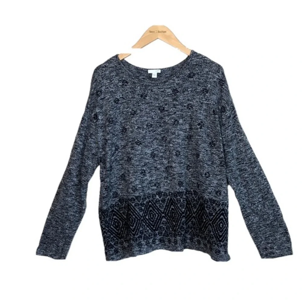 J.‎ JILL Women Large Grey Black Cozy Cotton Modal Wool Long Sleeve Tunic Sweater